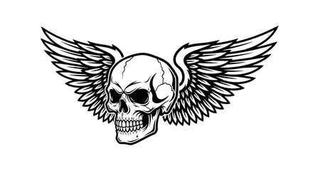 Detailed Skull with Spreading Wings Black and White Vector Illustration.