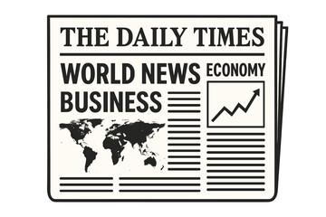 Newspaper vector illustration with world news, economy, and business headlines. Daily paper template showing global financial report, stock market growth chart, and world map.
