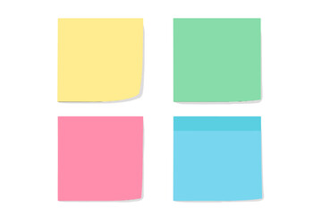 Set of colorful realistic sticky notes. Blank paper memo stickers. Post note with curled corner. Office supplies vector illustration isolated on transparent background.