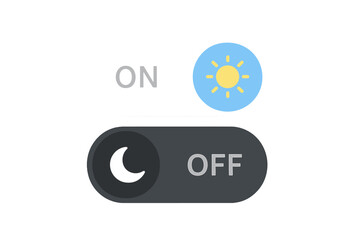 On Off toggle switch button for light and dark mode. Day and night mode switcher with sun and moon icons. Vector illustration for UI UX web and app interface design.