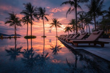 Serene sunset over a tropical infinity pool