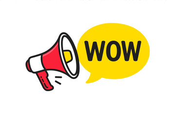 Megaphone with wow message speech bubble. Promotion and sale sticker label. Loudspeaker banner for business, marketing, and advertising. Vector illustration of announcement.
