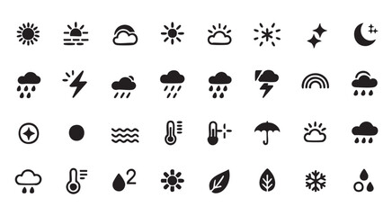 Black and white weather icons collection sun rain cloud lightning snowflake vector