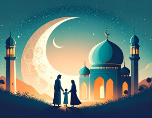 Festive gathering at floral archway with lanterns, minarets, and greenery. Families in traditional attire share a moment of cultural warmth, celebration, and spiritual connection