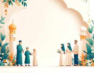 Festive family gathering in front of floral archway with minarets and lanterns. Traditional attire, flowers, and joyful atmosphere evoke themes of celebration, culture, and unity