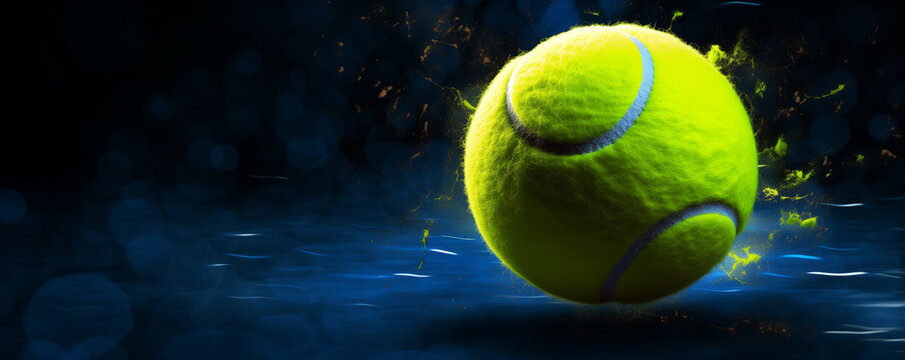 A vibrant yellow tennis ball with a dynamic blue energy trail against a dark background, perfect for illustrating high speed action or sports technology