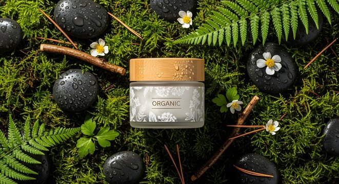 Organic cream jar surrounded by moss, wet stones, fern leaves, and small white flower blossoms