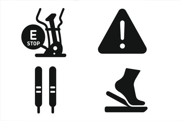Elliptical safety icons collection. Solid filled vector pictogram set for gym equipment. Emergency stop button, warning sign, handle grip, foot pedal for fitness machine.