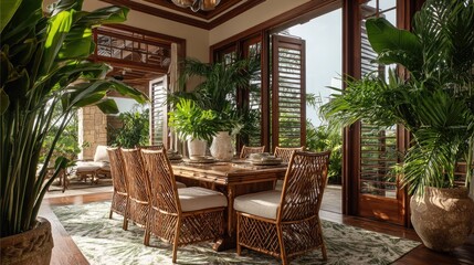 Luxurious tropical dining room with wooden furniture and lush greenery