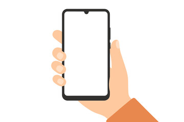 Set of hands holding modern black smartphones with empty blank screen. Mobile phone display mockup for UI and UX app presentation. Vector flat design template illustration.