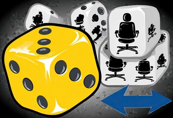 Yellow die surrounded by gray dice with office chair icons; directional arrow