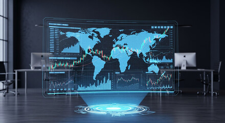A futuristic holographic display projecting a world map and financial data within an office environment.