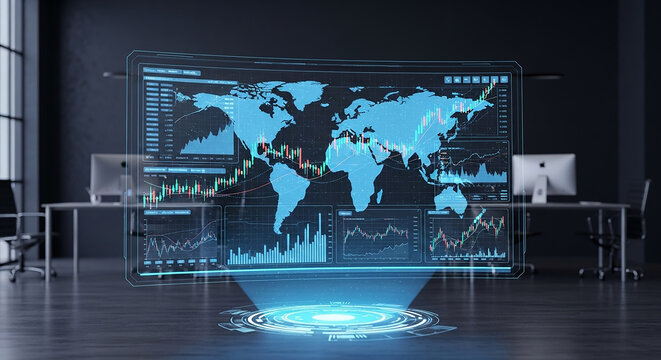 A futuristic holographic display projecting a world map and financial data within an office environment.