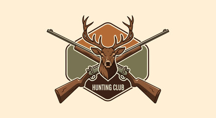 Hunting Club Emblem with Deer Head and Crossed Rifles Illustration.