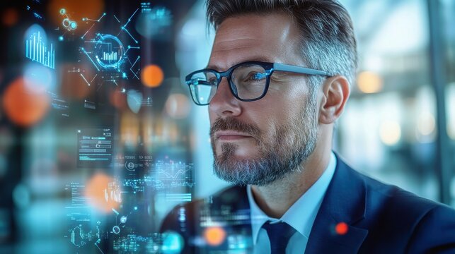 Pensive Caucasian man in office with graphs and charts - Powered by Adobe