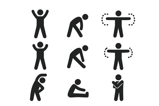 Exercise icons set for fitness, warm-up, and cool-down routines. Vector pictograms of stretching, jumping jacks, hamstring stretch, and arm circles for a healthy lifestyle.