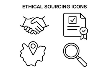 Ethical sourcing outline icon set. Sustainable supply chain, fair trade, and social responsibility concept. Icons for transparency, traceability, origin, and compliance.