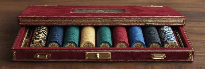 Naklejka premium Luxurious Poker Set With Velvet Lining Displayed on Polished Wooden Surface, Perfect for High-Stakes Games or Elegant Gatherings