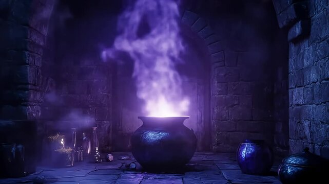 Mysterious potion brewing in a dark, ancient stone chamber
