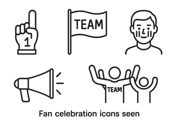Fan celebration outline icon set. Sports supporter symbols collection with foam finger, team flag, face paint, and cheering megaphone for game day. Vector graphic element.