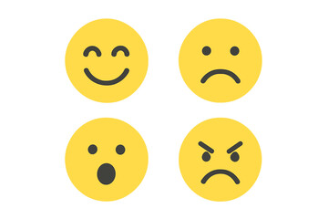 Fototapeta premium Emoticon reaction flat icon set. Emoji face with different mood. Happy, sad, angry, surprised emotion symbol. Customer experience feedback. Avatar character vector.