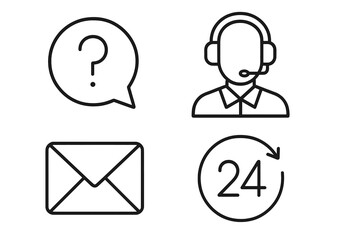 Customer support icon set. Contact us linear symbols. Call center operator with headset, 24-7 service, FAQ speech bubble, email message. Vector line illustration for web.