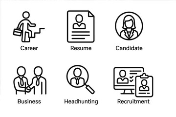 Recruitment icons for web and mobile apps. Job hiring, candidate search, resume, CV, and career growth concept. HR, business, headhunting, and personnel line icon set.
