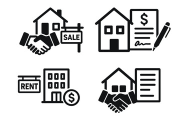 Real estate icons set. House sale, purchase, and rent. Property loan and mortgage agreement. Home investment and finance concept. Signing a contract. Handshake deal symbol.