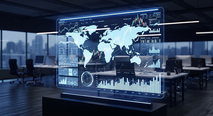 A futuristic office environment showcasing a holographic display with global data visualizations.