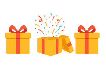 Yellow gift box icon set with red ribbon. Open surprise present with confetti explosion. Flat design vector for birthday celebration, prize giveaway, or special event.