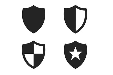 Security shield icon set. Vector symbols for safety, protection, and privacy. Black guard emblem, police badge, warranty logo. Antivirus and data security concept. Star.