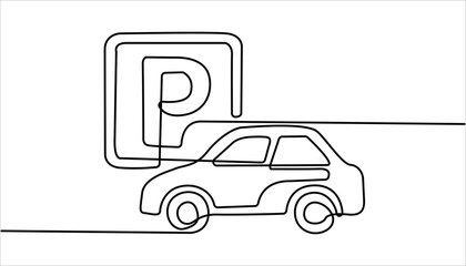 parking continuous line one drawing pro vector illustration, Parking icon one line vector. Single line draw design vector graphic illustration. Drawing of a car parking sign contour black line vector