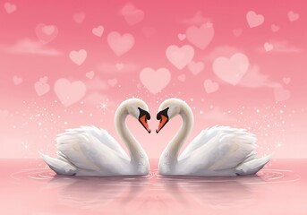 ピンクの背景に二羽の白鳥が優しく寄り添うロマンチックなイラスト
