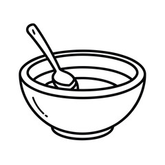 Line art illustration of a deep soup bowl with a ladle inside for advertising