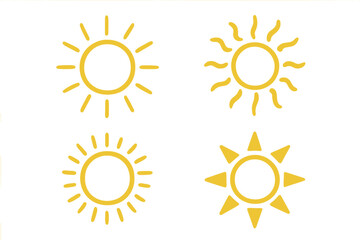 Sun icon vector set. Hand drawn doodle sunshine illustration. Summer heat symbol. Yellow sunlight silhouette. Simple sunbeam graphic element for logo or weather forecast.