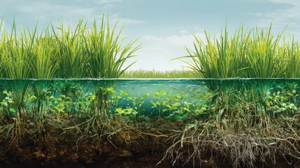 Fototapeta premium Divided view of lush water plants and roots