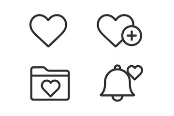 Wishlist icon set. Outline style favorites heart, add to wishlist button, favorite list folder, and notify alert bell. Simple linear vector for web, app, UI, UX design.