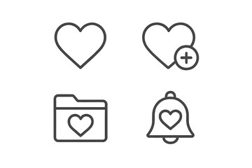 Wishlist and favorites icon set. Heart, add to list, folder, and notification bell icons. Vector outline symbols for website UI and mobile app UX design. E-commerce button.