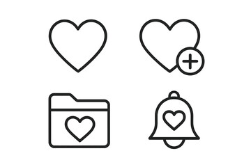 Wishlist & favorites linear icon set. Add to favorites, save to folder, love notification alert symbols. UI UX outline heart icons for web & mobile app design elements.