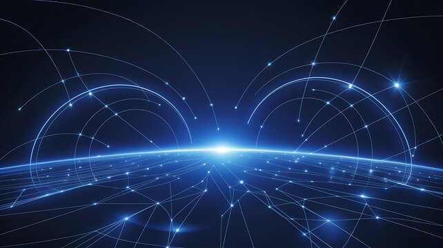 Abstract blue digital network with glowing arches and bright center