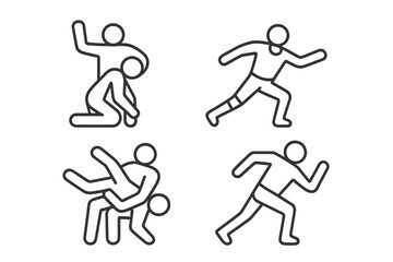 Wrestling moves and fighter poses outline icons set. Pro wrestling signature finishers. Combat sport, fighting techniques. Simple athlete pictograms. Vector line art illustration.