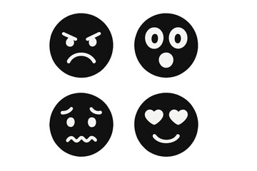 Fototapeta premium Solid black emoticon icon set. Expressive faces showing anger, surprise, anxiety, and love. Simple flat emoji symbols for communication and design. Vector character illustration.
