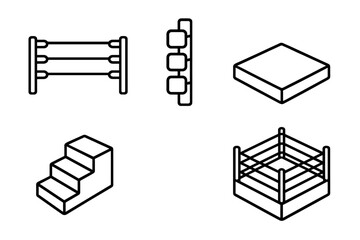 Wrestling ring icon set. Isometric line art icons of wrestling and boxing ring components. Ropes, turnbuckle, mat, steel steps. Vector sport equipment illustration.
