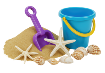 Artfully arranged still life of golden sand, a vibrant purple toy spade, a bright blue bucket with a yellow handle, a white starfish, and natural seashells, isolated on a transparent background
