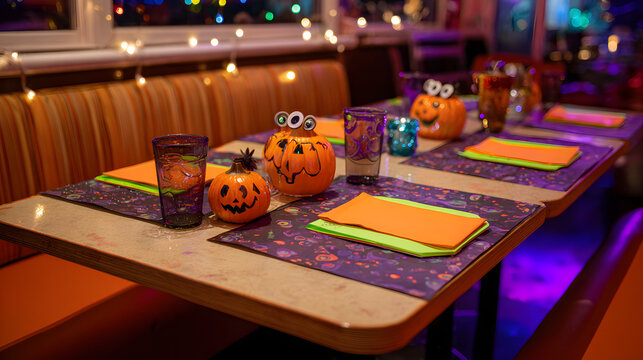 Quirky Halloween Table Setup with Fun Decorations and Colorful Pumpkins in a Festive Atmosphere