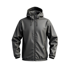 Gray hooded jacket, front view.