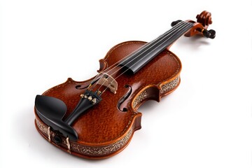 Acoustic violin with a dark wood finish and intricate detailing isolated on white background