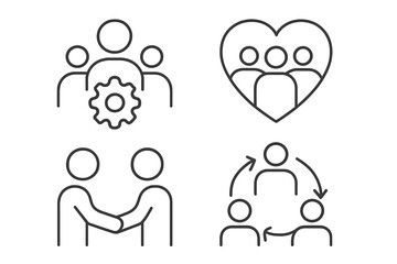 Teamwork and collaboration line icon set. Business concepts of partnership, communication, and management. Vector symbols for community, agreement, handshake, and workflow.