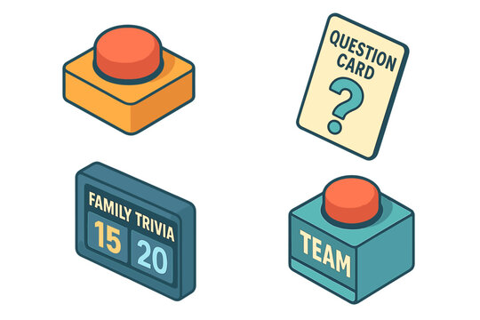 Family trivia game isometric icon set. Vector illustrations for quiz night. Includes game show buzzer, question card, team button, and scoreboard for a fun competition.