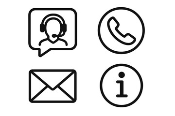 Contact us icons for web and mobile. Customer service and support symbols. Call center, phone, email, and information signs. Vector line icon set for website contact page.